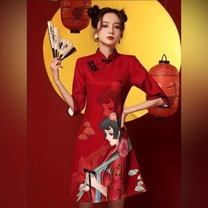 Red cheongsam dress with artistic floral print, Mandarin collar, and 3/4 sleeves